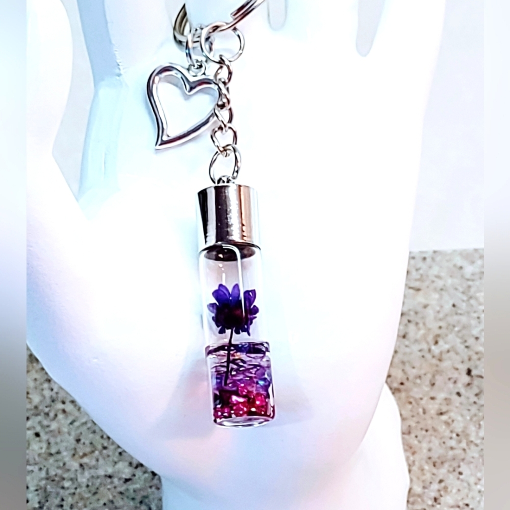 PURPLE FLOWER & FAIRY DUST HEART DANGLE GLASS BOTTLE STAINLESS STEEL KEYCHAIN